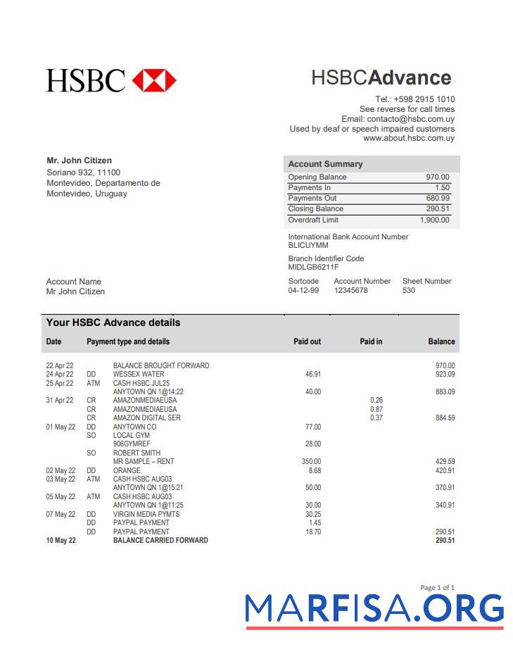 Realistic Uruguay HSBC bank statement word template